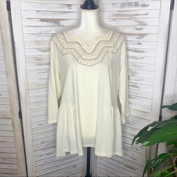 LOGO Lori Goldstein Women's Embroidered Tunic Tee Top Cotton Ivory Beige L